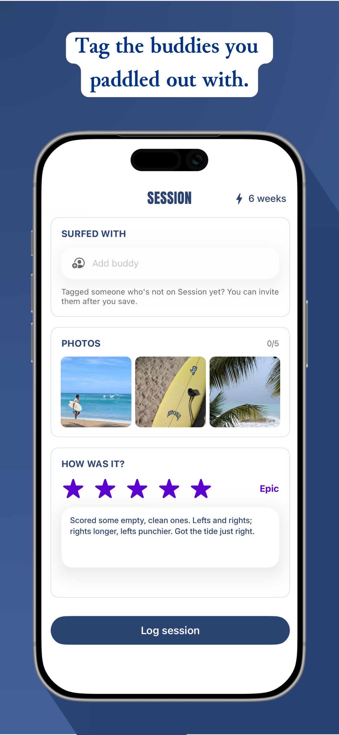 Session app tagging surf buddies and adding photos to a logged session.