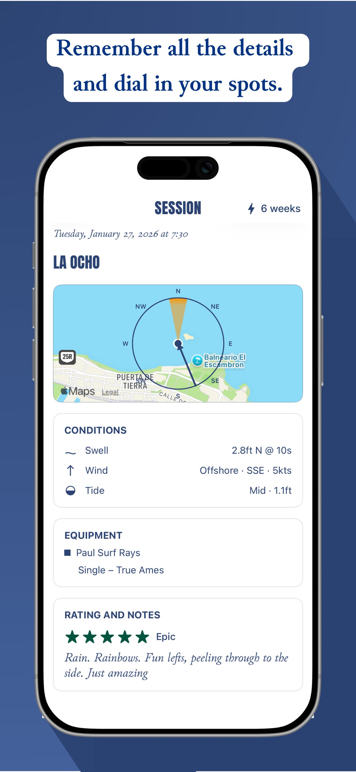 Session app showing the swell and conditions detail for a specific spot.