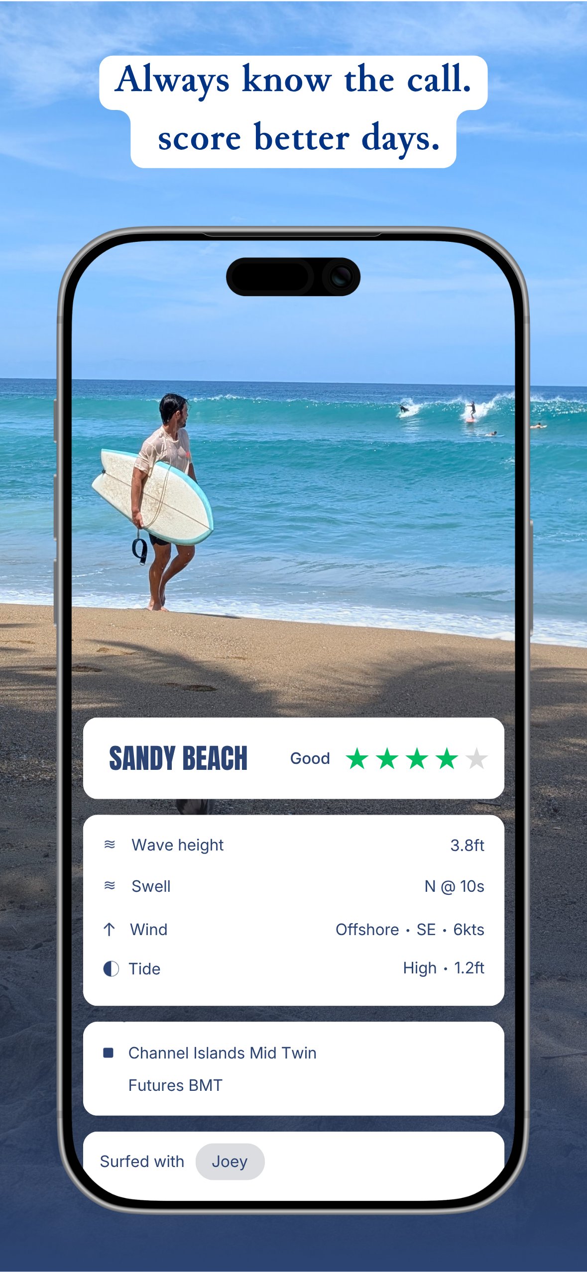 Session app showing a logged session at Sandy Beach, with a surfer, a four-star rating and the conditions.