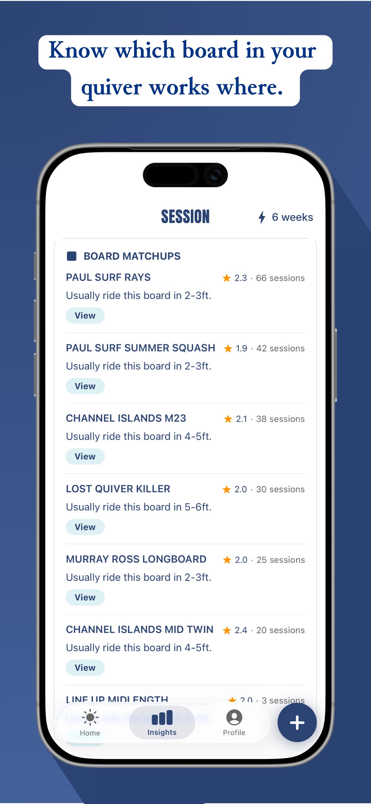 Session app showing a quiver of surfboards with fin setups.