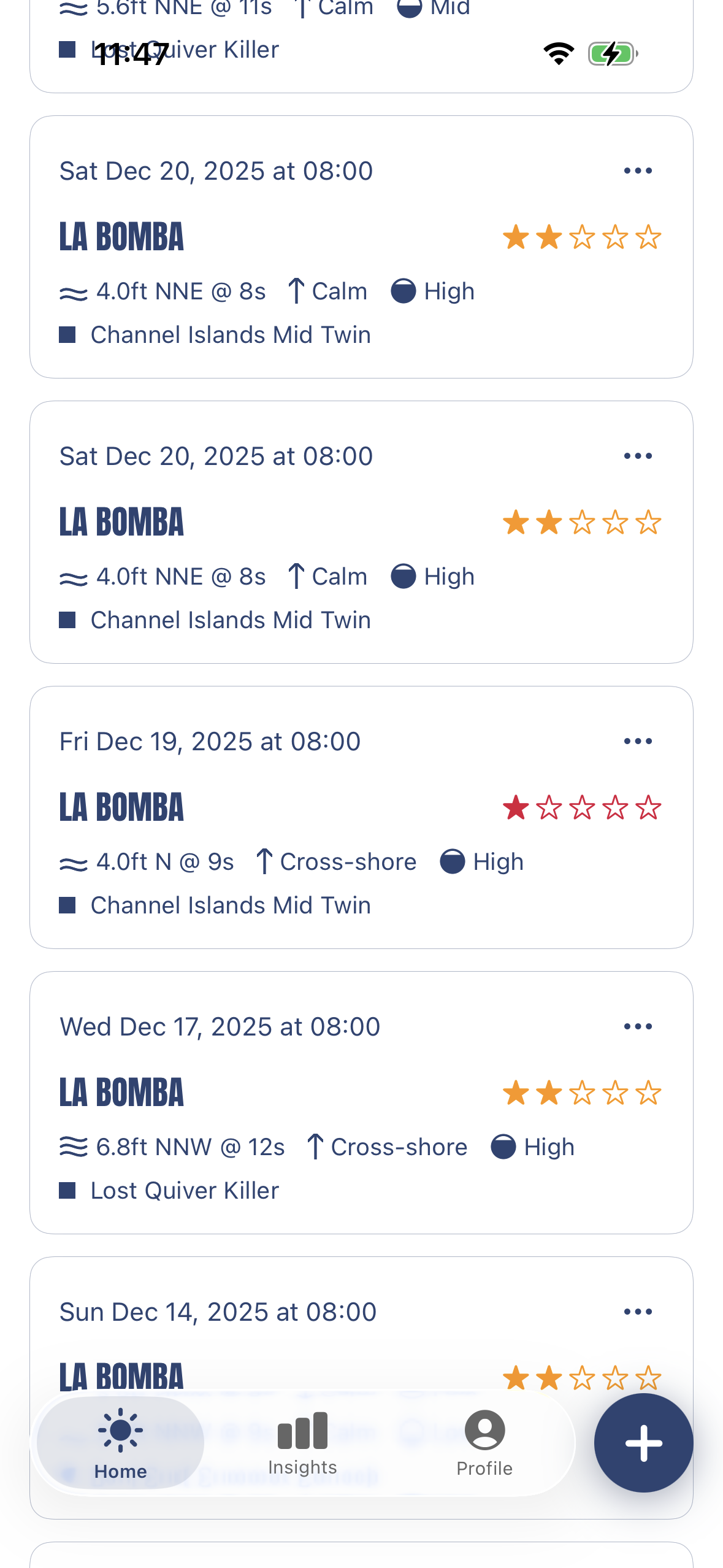 The same sessions as they appear in the Session app.